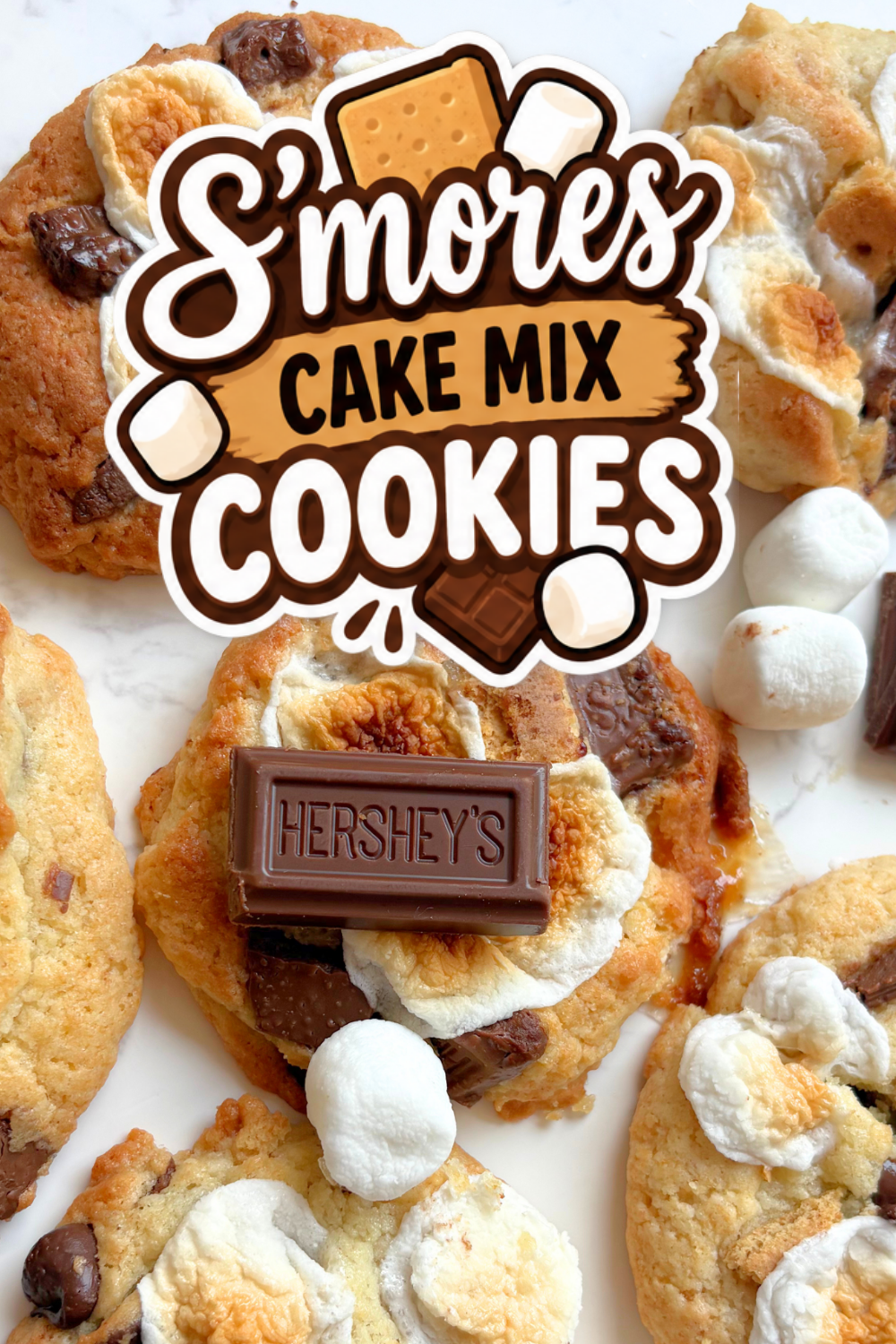 Make easy S'mores Cake Mix Cookies with yellow cake mix, chocolate chips, mini marshmallows, graham crackers and Hershey bars. A quick, kid friendly smores dessert that bakes in under 15 minutes and is perfect for parties, potlucks or weeknight treats. 