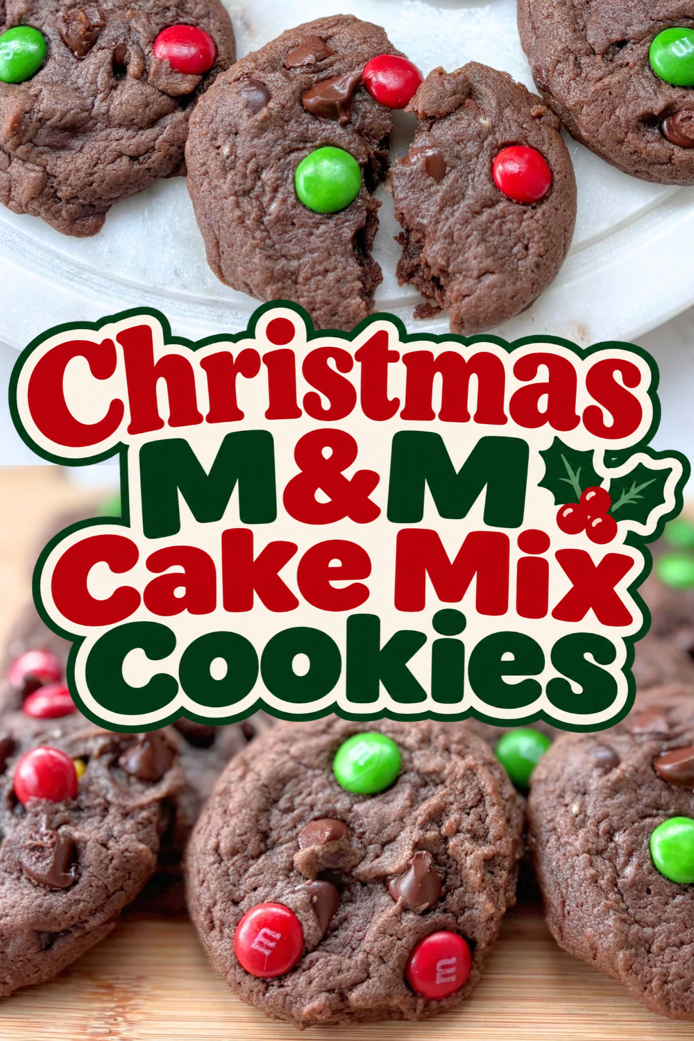 Make Christmas M&M Cake Mix Cookies with chocolate cake mix, chocolate chips, and red and green M&Ms. Soft, fudgy, and perfect for holiday cookie trays!