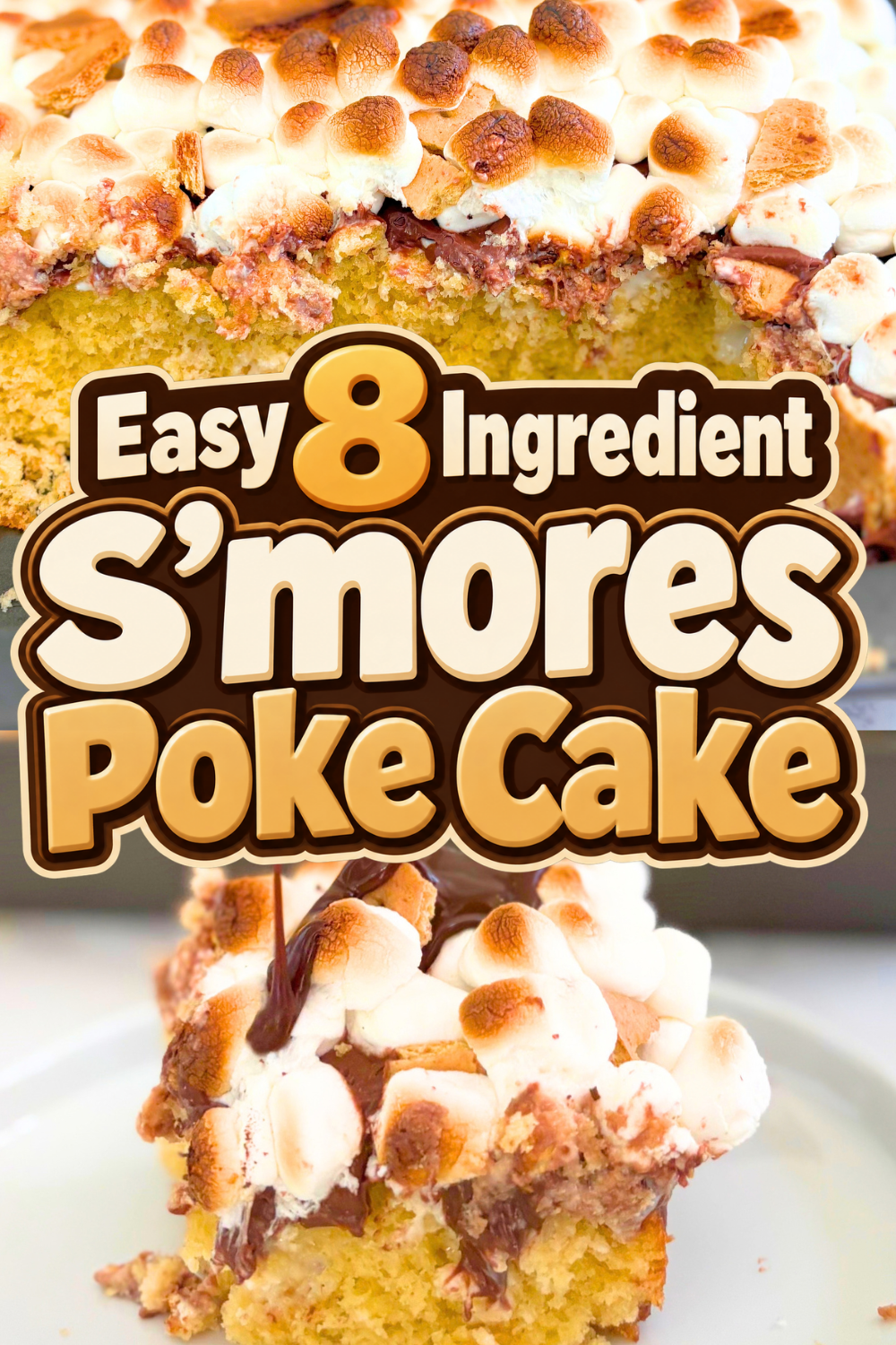Make an easy S'mores Poke Cake with a box of yellow cake mix, marshmallow topping, chocolate frosting, marshmallows, graham crackers, and hot fudge. This quick smores cake is a fun poke cake dessert that is perfect for busy nights, potlucks, and parties. 