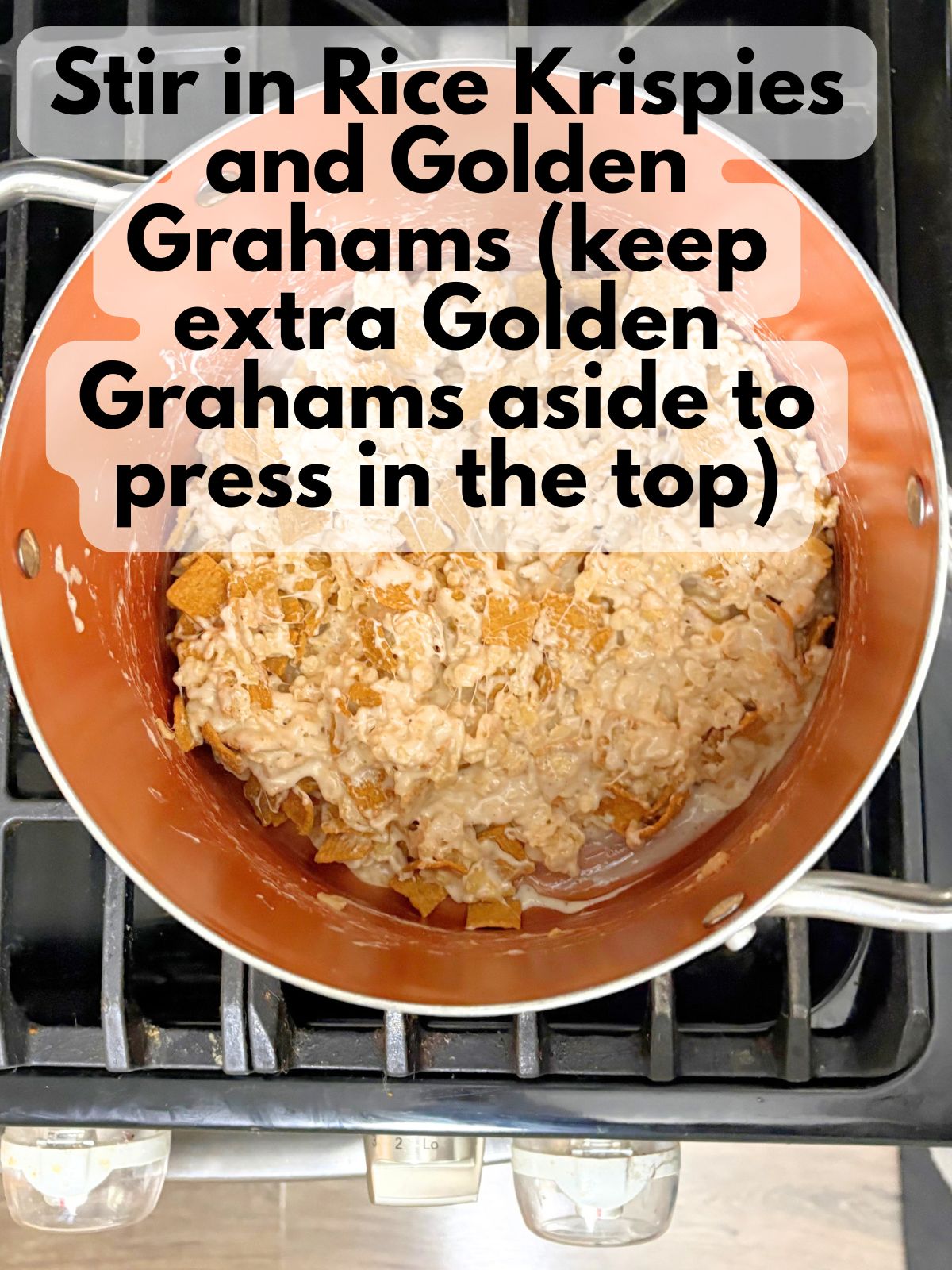 rice krispies and golden grahams mixed into melted marshmallows