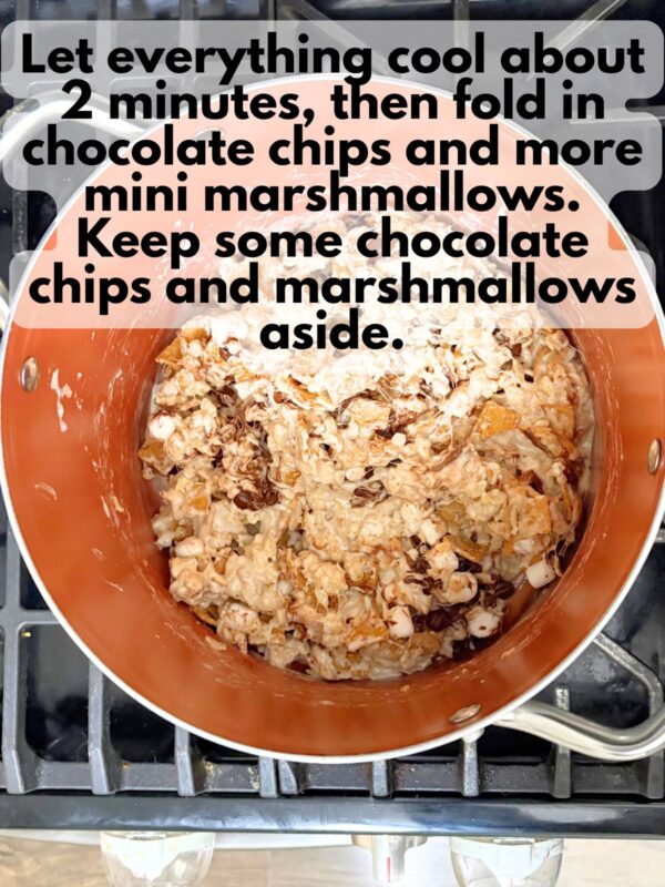 extra chocolate chips and mini marshmallows mixed in with s'mores rice krispies treats