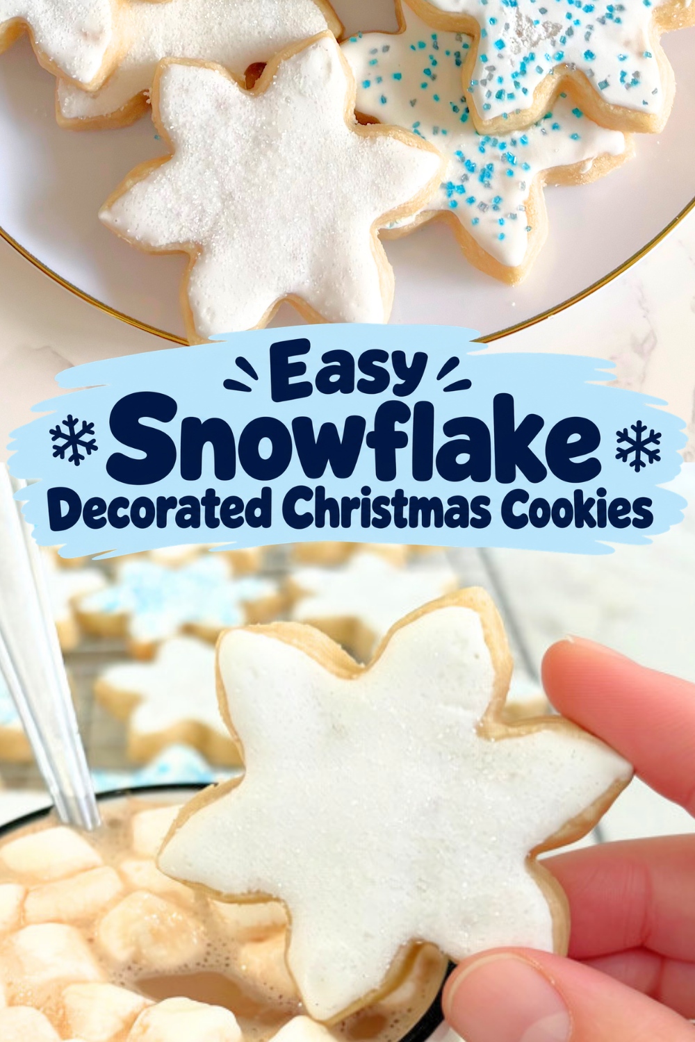 Make snowflake sugar cookies with buttery cutout dough, white royal icing, and blue and white sanding sugar. Perfect for Christmas cookie trays!