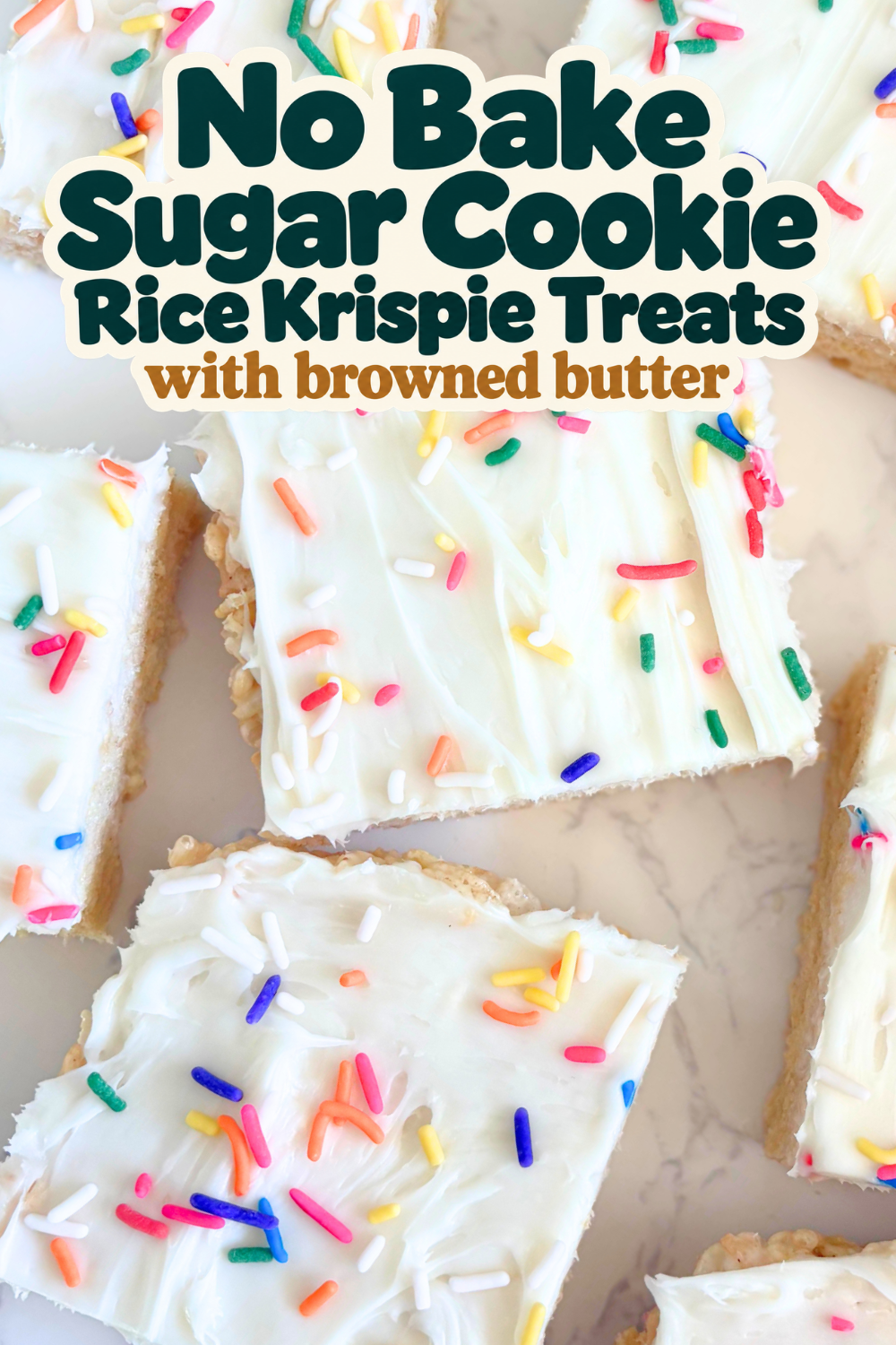 These Sugar Cookie Rice Krispie Treats are soft, chewy marshmallow bars topped with vanilla buttercream and sprinkles; an easy, pretty dessert that tastes like frosted sugar cookies and comes together in just 15 minutes. Perfect for birthdays, holidays, and last minute parties.  
