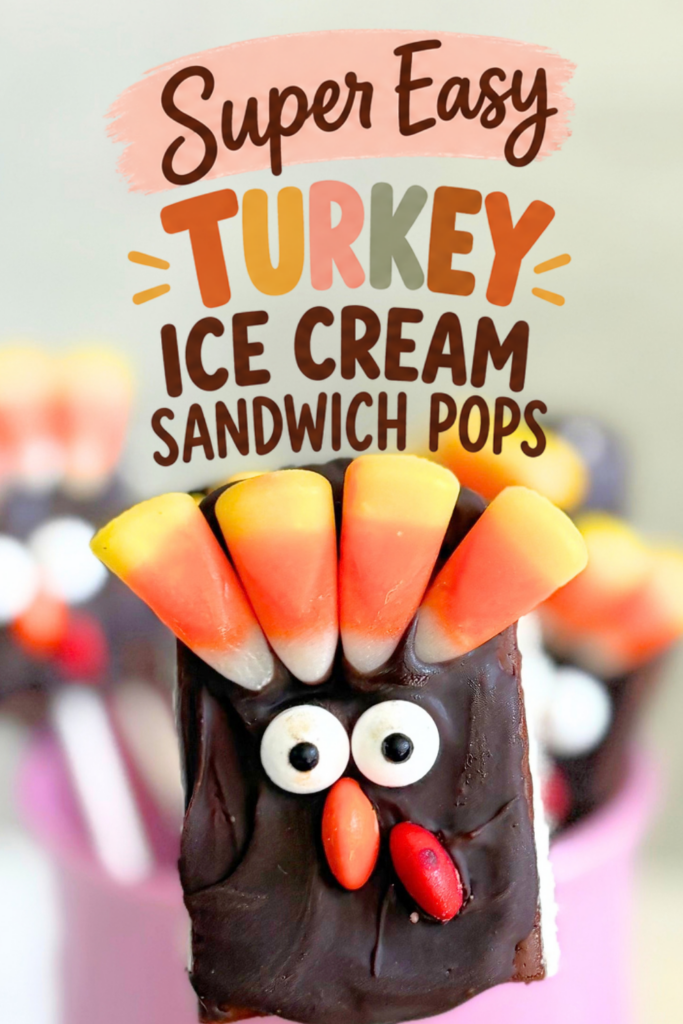 Make these easy Turkey Ice Cream Sandwich Pops with ice cream sandwiches, chocolate candy melts, candy corn, and M&Ms. Fun, no‑bake Thanksgiving treats for kids that double as cute Thanksgiving desserts for your holiday table.