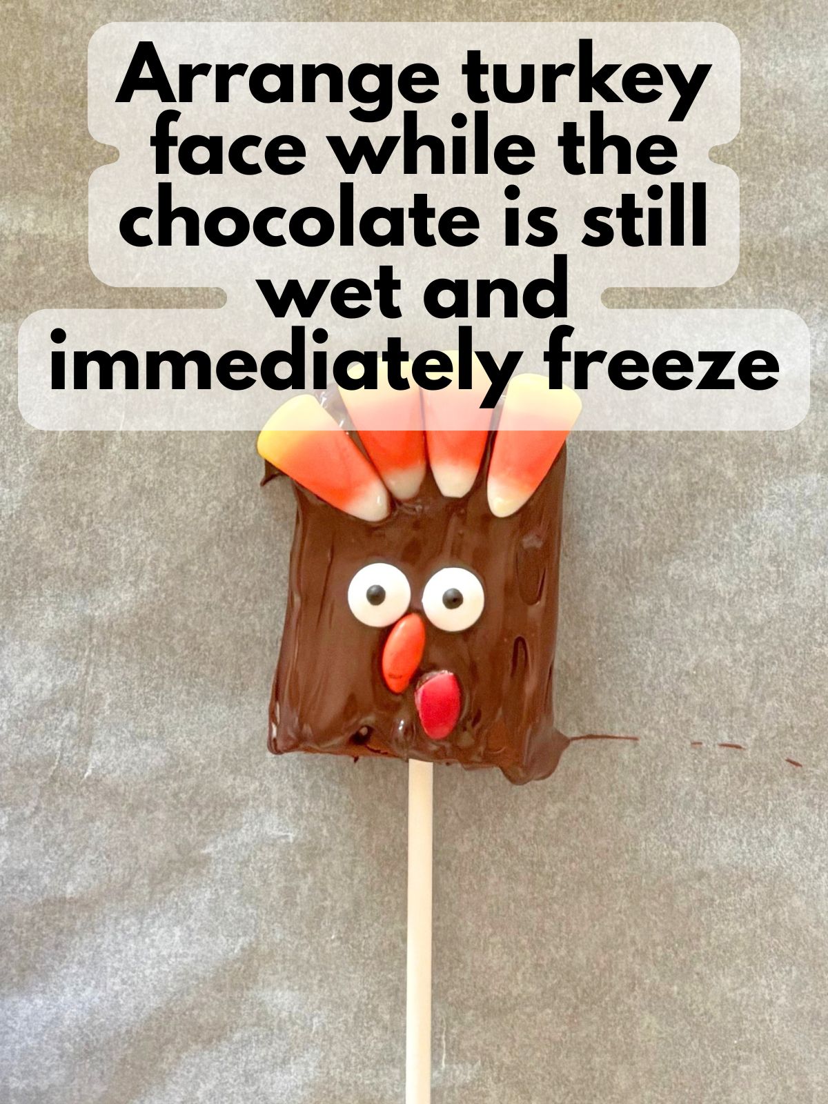 turkey face and feathers added to ice cream sandwich dipped in melted chocolate